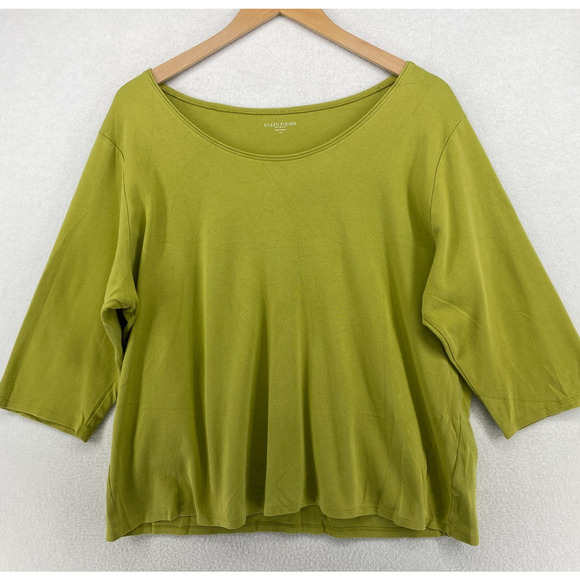 EILEEN FISHER Top 1X Plus Cotton Interlock Jersey Scoop Neck 3/4 Sleeve Green - Picture 1 of 10